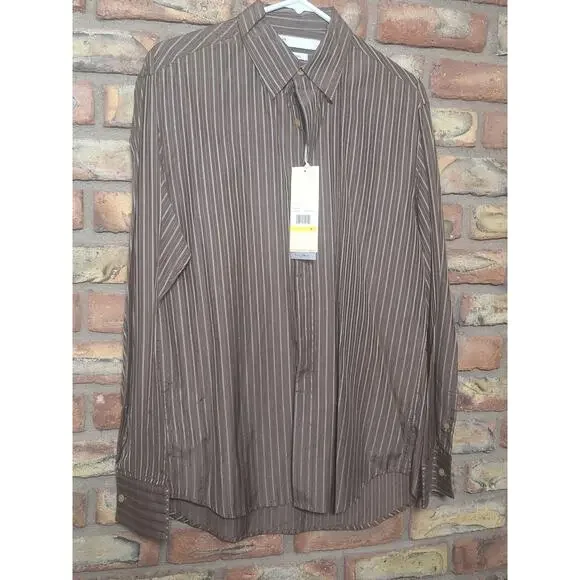 Perry Ellis Shirt Mens M Brown Striped Silk Blend Hidden Button Dress NWT - Picture 1 of 6
